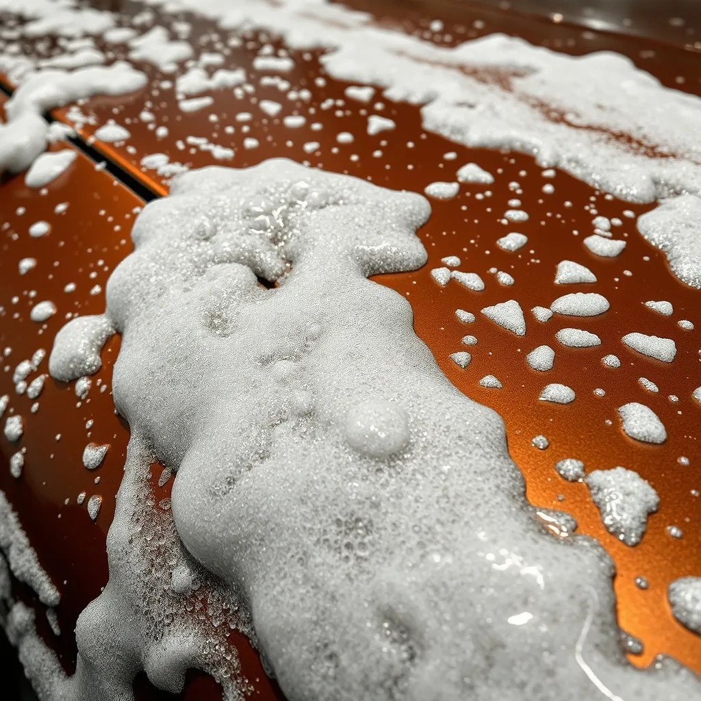 Close-up of a high-end car being washed with thick white foa
