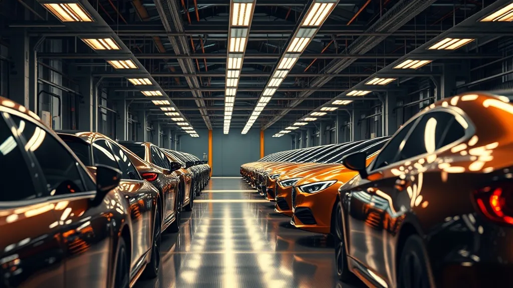 A high-tech industrial automotive laboratory with rows of sl